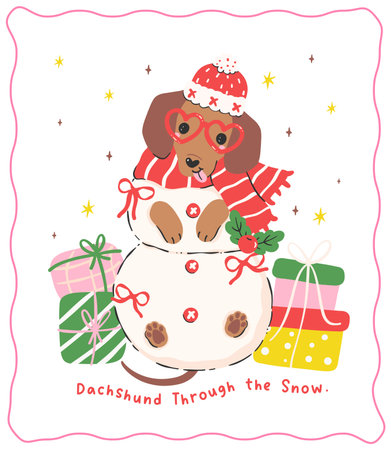 Christmas Dachshund Dog in Snowman, through the snow, Hand Drawn Festive Cartoon Illustration Greeting card printableのイラスト素材
