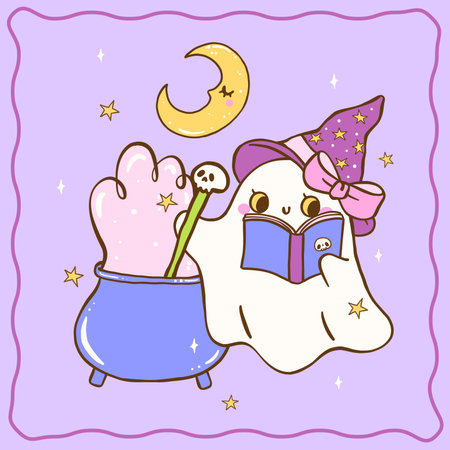 Cute Halloween Spooky Witch Ghost making Poison  in Cauldron Cartoon Hand Drawn Greeting Card Printableのイラスト素材