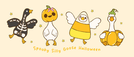 Cute Spooky Silly Goose Halloween Costume Trick or Treat  Hand Drawn Cartoon Setのイラスト素材