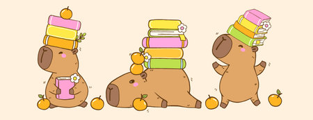 Cute Capybara Reading Book Banner, Animal Bookish Cartoon Hand Drawn Illustration Setのイラスト素材
