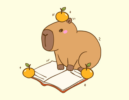 Cute Capybara Reading Book, Animal Bookish Cartoon Hand Drawn Illustrationのイラスト素材
