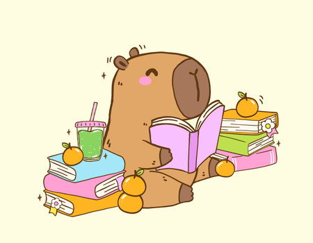 Cute Capybara Reading Book TBR Vibe with Stack books, Animal Bookish Cartoon Hand Drawn Illustrationのイラスト素材