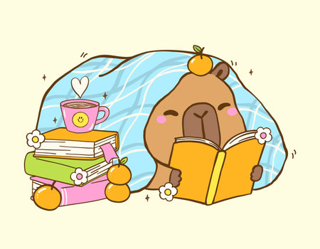 Cute Capybara Reading Book TBR Vibe under cozy blanket with Stack books, Animal Bookish Cartoon Hand Drawn Illustrationのイラスト素材