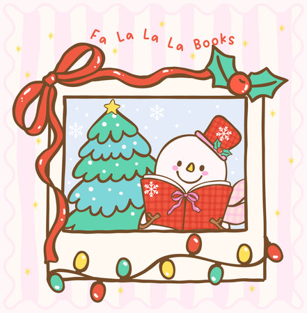 Cute Coquette Gingham Christmas Cozy Bookish Snowman Reading Book with Christmas Tree in Photo Frame Festive cartoon hand drawn holiday illustrationのイラスト素材