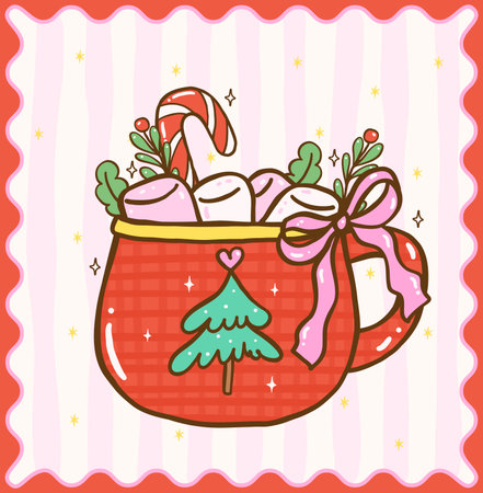 Cute Coquette Gingham Christmas Cozy Marshmallow Hot Drink Red Mug with Candy Cane Festive cartoon hand drawn holiday illustrationのイラスト素材