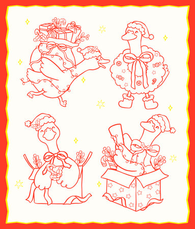 Festive Coquette Christmas Silly Goose Outline Cartoon Hand Drawn Collectionのイラスト素材