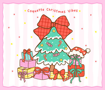 Festive Coquette Gingham Christmas Tree and Stack of Gifts Cartoon Hand Drawn Greeting Card Printableのイラスト素材