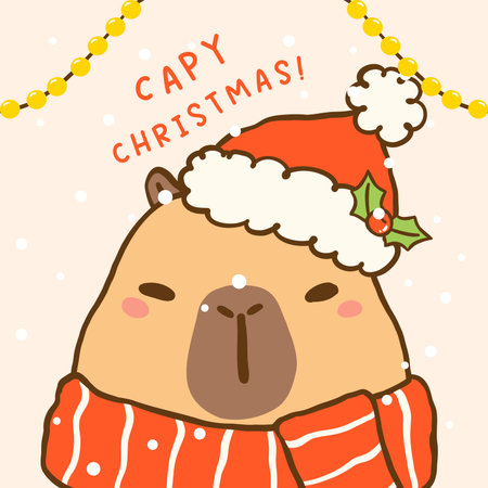 Kawaii Christmas Capybaras in scarf and Santa Hat, Cute vibrant hand drawn doodle Greeting Card Printableのイラスト素材