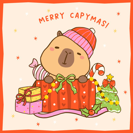 Kawaii Cozy Christmas Capybara in Gift Present Box, Cute vibrant hand drawn doodle Greeting Card Printableのイラスト素材