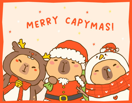 Kawaii Christmas Capybara Santa Claus, Snowman and Reindeer Cartoon, Cute vibrant hand drawn doodle Greeting Card Printableのイラスト素材