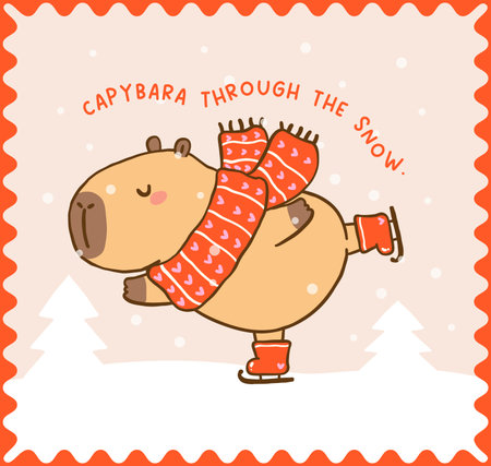 Kawaii Christmas Capybara Ice Skating through the Snow, Cute vibrant hand drawn doodle Greeting Card Printableのイラスト素材