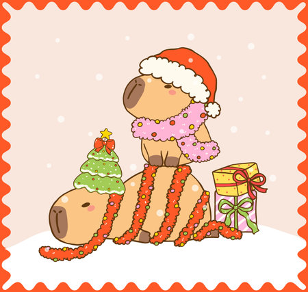 Kawaii Christmas Capybaras Decorating with Festive Tensils, Cute vibrant hand drawn doodle Greeting Card Printableのイラスト素材