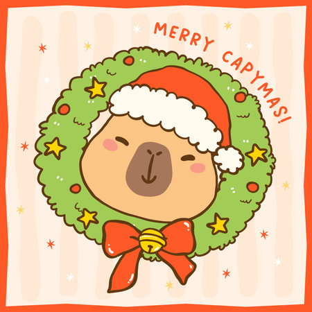 Kawaii Cozy Christmas Capybara in Wreath, Cute vibrant hand drawn doodle Greeting Card Printableのイラスト素材