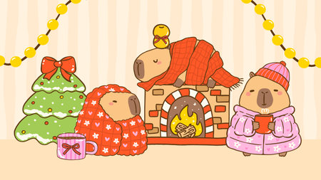 Kawaii Christmas Capybaras in Cozy Winter Mood, Cute vibrant hand drawn doodle Greeting Card Printableのイラスト素材