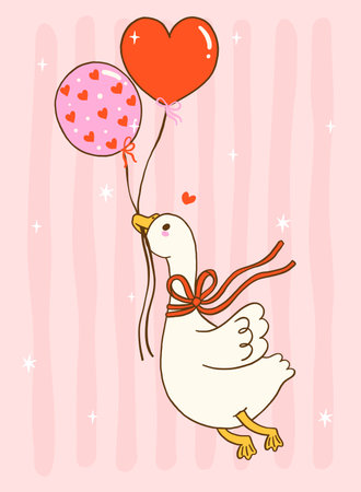 Cute silly goose valentine with balloons hand drawn cartoon suitable for shirts sublimation and greeting cardsのイラスト素材