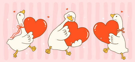 Cute silly goose valentine set, hugging heart hand drawn cartoon suitable for shirts sublimation and greeting cardsのイラスト素材