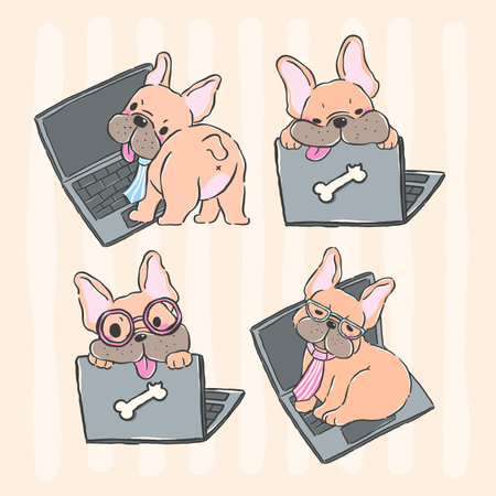 Cute french bulldog lazy work from home with laptop cartoon hand drawn Collection derp funny dog illustration setのイラスト素材