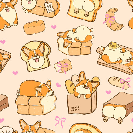 Kawaii Corgi Sploot Bread Loaf Seamless Pattern whimsical hand drawn doodle splooting corgis shaped like fresh bread loaves perfect for quirky kitchen textiles and pet themed fabric.のイラスト素材