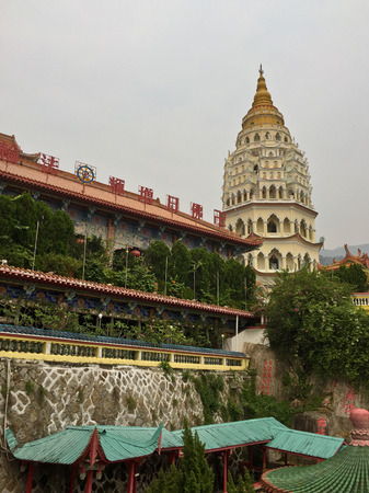 Exterior of a Chinese pagoda against the hazy skyの写真素材