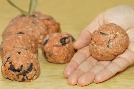 Hand Made beef Meatballs with herbs, spices, peppermint and onion. Shot with Studio lights and 100mm macro lens.の写真素材