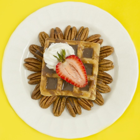 Belgian waffle with hot fudge,strawberries, pecan nuts and whipped cream. studio lights and 100mm macro lens.の写真素材