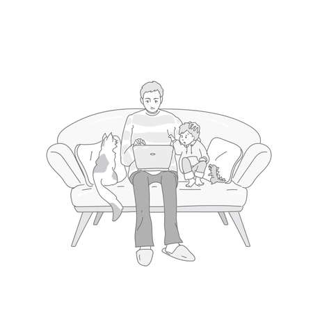 Parents and children looking into a laptopãのイラスト素材