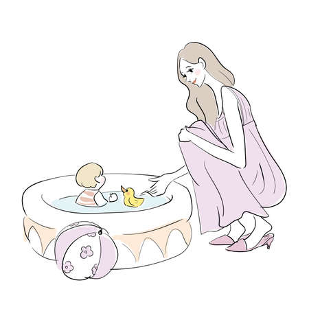 Home time with children pool in the gardenのイラスト素材
