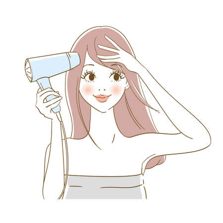 Woman drying her hair with a dryerのイラスト素材