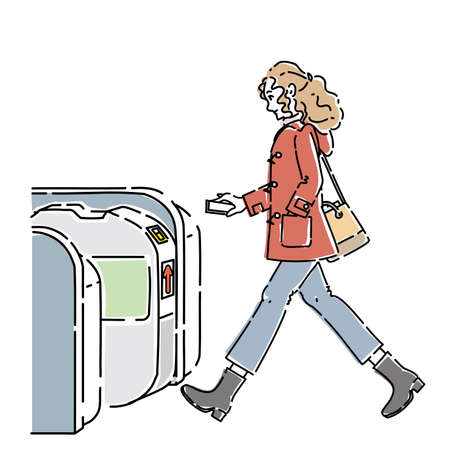 Woman passing through automatic ticket gateのイラスト素材