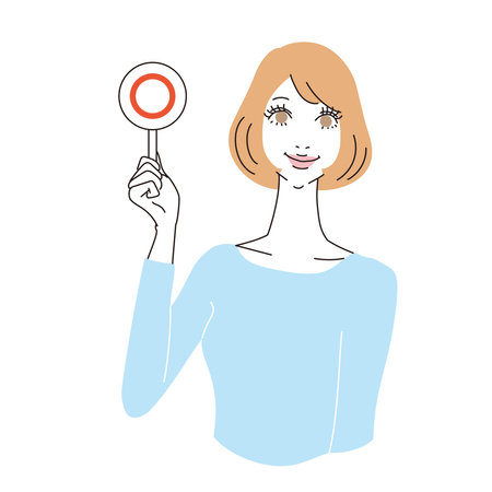 Bob-haired woman upper body holding maru tagのイラスト素材