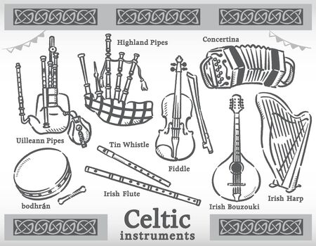 Celtic traditional instruments set. Vector illustration.のイラスト素材