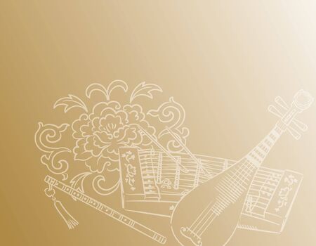 Music themed background with chinese musical instruments and peony flower. Vector illustration.のイラスト素材