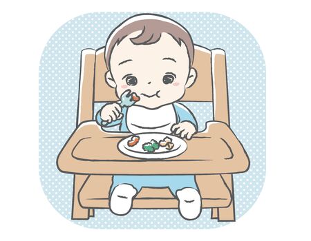 Baby eating baby food. Vector illustration.のイラスト素材