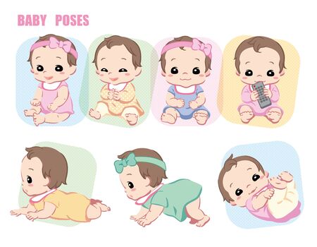 Cute baby, Infant girl. Poses set. Vector illustration.のイラスト素材