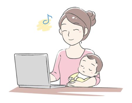 Young mother using her laptop computer.  Shopping ,searching or other use. Vector illustration.のイラスト素材