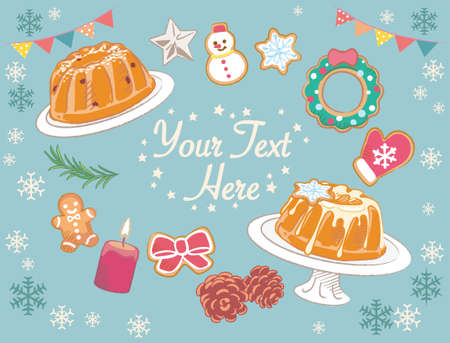 Christmas bundt cakes and decorated cookies. Vector illustration for menu, poster or other use.のイラスト素材