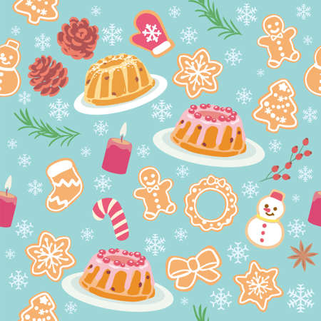 Seamless background with Christmas pastry. Vector pattern.のイラスト素材