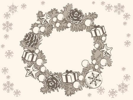Christmas wreath with pine branches and decorative items. Vintage style. Vector illustration.のイラスト素材