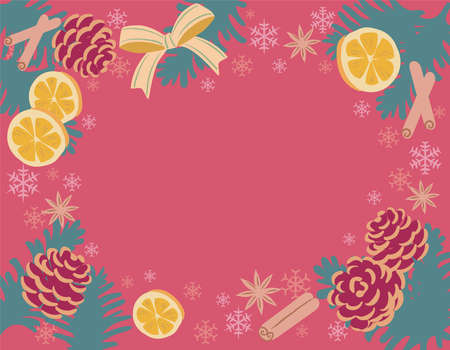 Christmas themed b background with pine branches and decorative items. Vintage style. Vector illustration.のイラスト素材