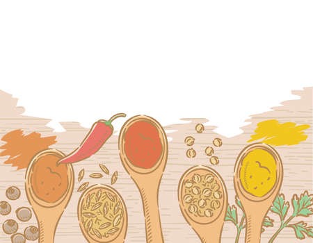 Spices on spoons for curry. Allspice, chili, coriander, cumin, turmeric, garam masala. Vector illustration.	のイラスト素材