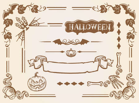 Set of Halloween themed elements and frame corners in vintage style. Vector illustration.のイラスト素材