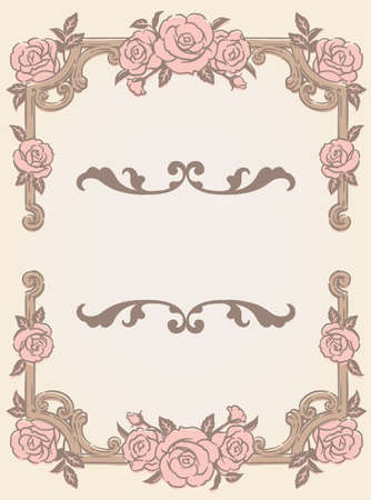 Decorative elegant frame with rose flowers in antique and vintage style. Vector illustration.のイラスト素材