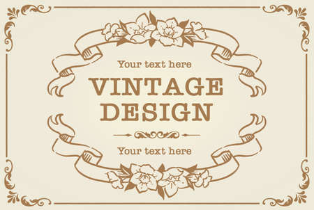 Decorative vintage frame and elements with flowers in antique style. Vector illustration.のイラスト素材