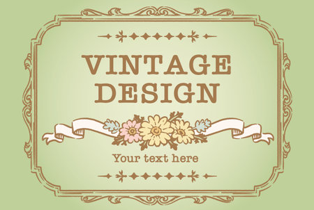 Decorative vintage frame and elements with flowers in antique style. Vector illustration.のイラスト素材