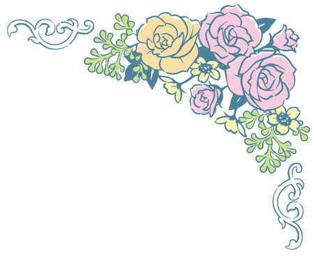 Decorative frame corner with elegant flowers in vintage style. Vector illustration.のイラスト素材