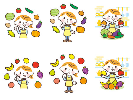 Lots of fruits, vegetables and womenのイラスト素材