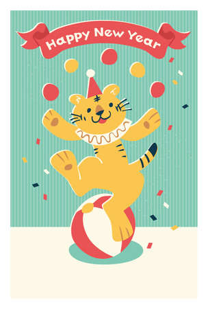 Retro Tiger Circus 2022 New Year's Card Templateのイラスト素材