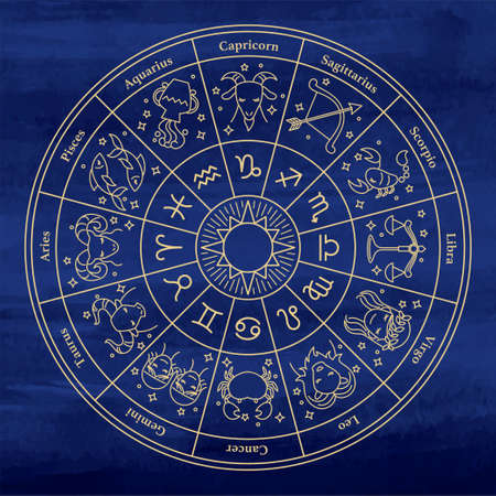 Horoscope Circle With Zodiac Signs. Watercolor Backgroundのイラスト素材