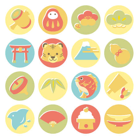 Pastel color New Year iconsのイラスト素材