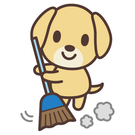 Cartoon dog sweeping with a broomのイラスト素材
